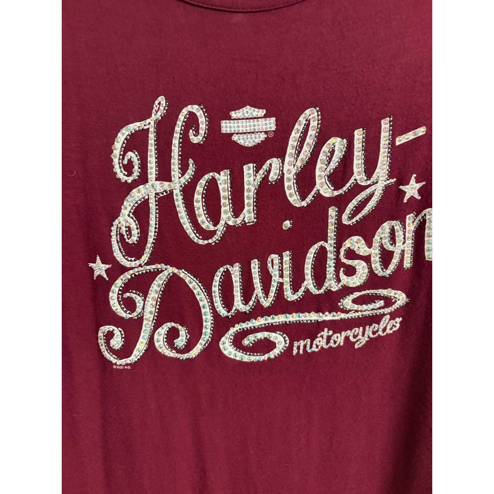 Harley Davidson Womens XL Rhinestone Logo Tee Burgundy Crisscross Back Shirt - Picture 3 of 9